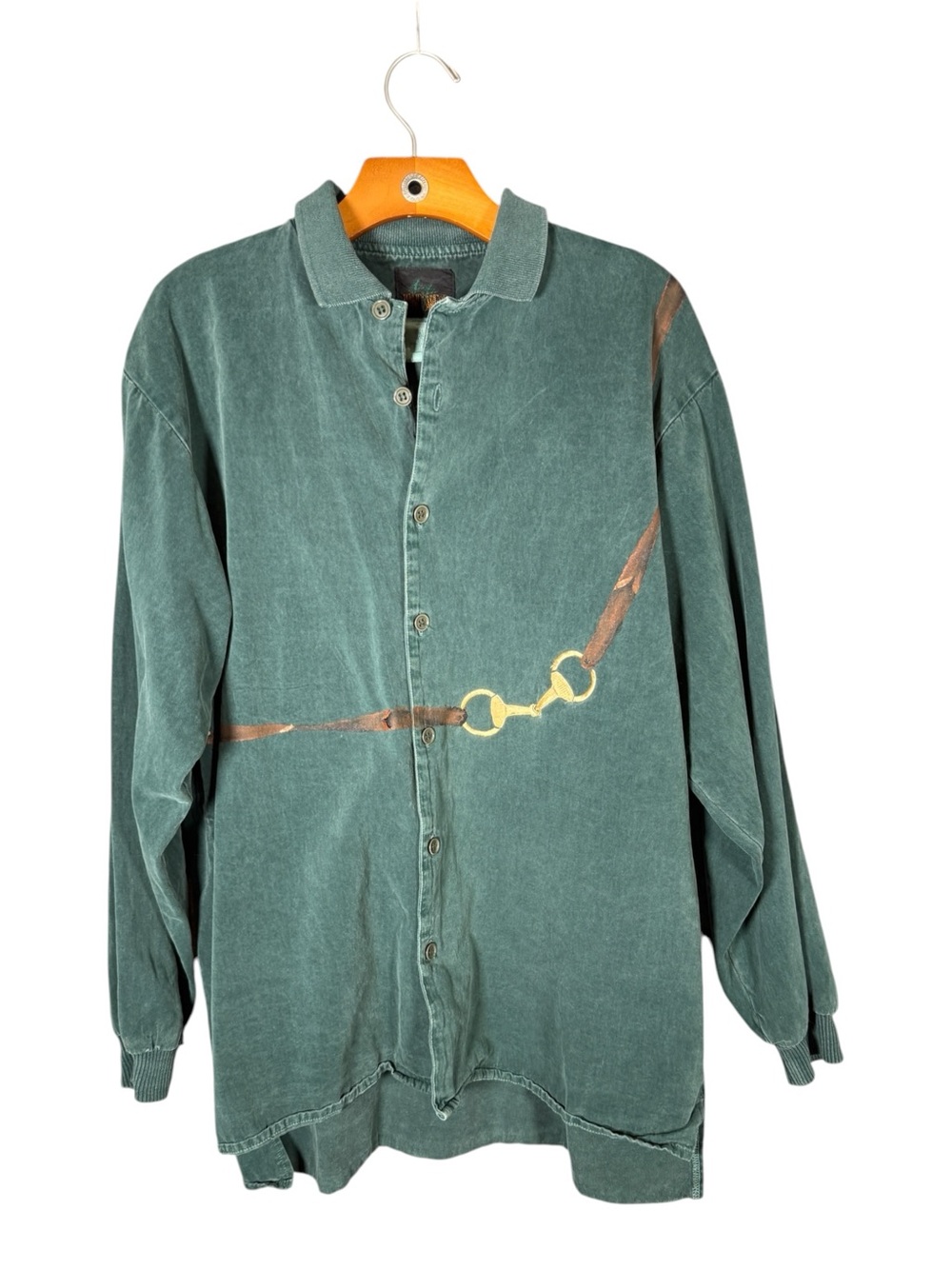 Vintage Men's Cotton Green Button Up Shirt Western Embroidered Painted Chain M
